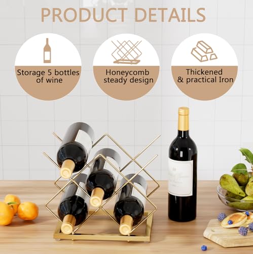 Urban Deco Gold Wine Rack Small Countertop for Cabinets – 5 Wine Holder Countertop Stylish and Compact Small Wine Racks - color: Gold, size: 5 Bottles