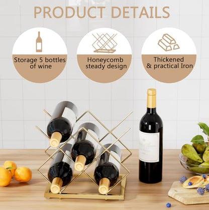 Urban Deco Gold Wine Rack Small Countertop for Cabinets – 5 Wine Holder Countertop Stylish and Compact Small Wine Racks - color: Gold, size: 5 Bottles