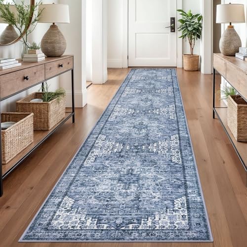 SIILOOM 2.6x14 Washable Runner Rug, Non Slip Area Rug for Hallway Kitchen | Soft Boho Vintage Spill & Stain Resistant Low Pile Carpet for Entryway Office Laundry Bedroom, Easy Clean - color: Blue White, size: 2'7" x 14' (Runner)