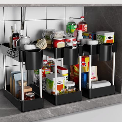 3 Pack Under Sink Organizer Bathroom and Storage Cabinet (Black) | 2 Tier with Hanging Cups for Kitchen - color: Black