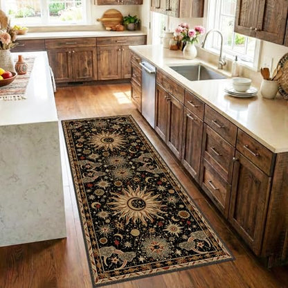 Vacuum-Friendly, 2x6 Washable Area Rug, Black Gold Beige Red | Sun and Moon Boho Gothic Non-Slip Low Pile Living Roon Bedroom Dining Room Kitchen Entry Entryway Entrance Hallway Doormat - color: Black/Gold/Beige/Red, size: 2' x 6' (Runner)