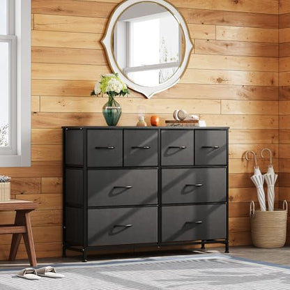 WLIVE Wide Dresser for Bedroom, 8 Drawer Chest of Drawers, Black | 8 roomy fabric drawers, Wide storage design, Bedroom or closet use, Sturdy steel frame, Smooth wood tabletop - color: Black, style: 8 Drawers