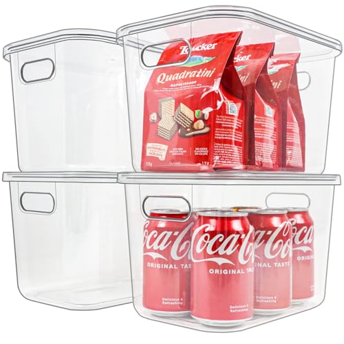 ZEXALOR 4PCS Clear Plastic Storage Bins with Lid, Stackable Pantry Cabinet Organizers and Storage, Lidded Storage Container Boxes for Organizing Kitchen,Closet,Dresser,Bathroom (4 Pack - 10.2×7×5.9“)
