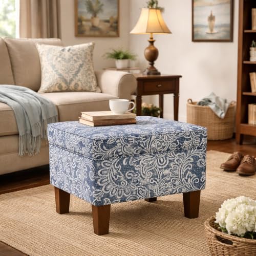 HomePop 22" Modern Rectangular Storage Ottoman - Blue Denim Jacobean Print - color: Blue Denim Jacobean Print