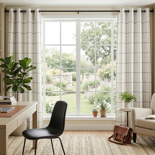 MYSKY HOME 100% Blackout Plaid Linen Farmhouse Curtains 63 Inch Long for Bedroom - Double Layer Thermal Insulated Black Out Checkered Patterned Window Treatment, 2 Pcs, 52" Wide Each Panel, Black - color: Black, size: 52"W x 63"L (Pack of 2)