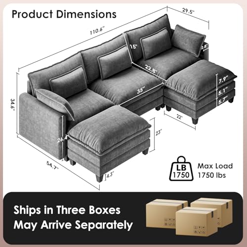 Marsail Modular Sectional Sofa 110.6" U-Shaped Modern Comfy Cloud Couch, 5-Seat Chenille Deep Seat Sofa with Throw Pillow & Movable Ottoman for Living Room, Bedroom and Apartment, Slate Gray - color: Slate Gray, size: 110.6" - U Shape