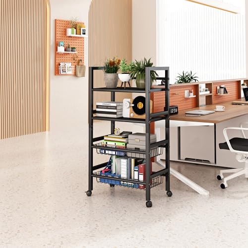 4-Tier Rolling Metal Storage Cart Mobile Organizer with Removable Grid Basket and Locking Wheels, Suitable for Multiple Uses, Black (Large) - size: 23.6 in