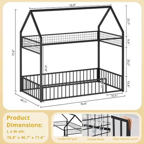 IRONCK Twin Floor Bed Frame with Fence Guardrails and Roof, Black | Metal House Bed with Hanging Mesh, No Box Spring Needed, Easy Assembly, Anti-tipping Device - color: Black