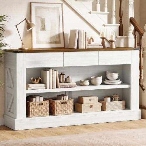 Miereirl 63" Console Table with Drawers & LED Light, Rustic Brown & White | Narrow Entryway Sofa Table, 3 Storage Drawers & Open Shelves, Behind Couch, Living Room Hallway Foyer - color: Rustic Brown&white
