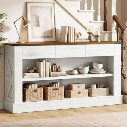 Miereirl 63" Console Table with Drawers & LED Light, Rustic Brown & White | Narrow Entryway Sofa Table, 3 Storage Drawers & Open Shelves, Behind Couch, Living Room Hallway Foyer - color: Rustic Brown&white