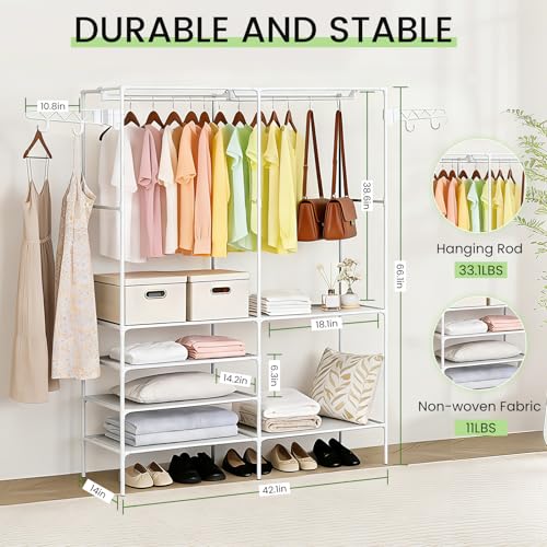 Clothing Rack, Heavy Duty Clothes Rack, 3-in-1 Garment Rack for Hanging Clothes, Freestanding Closet Organizers with Storage Shelves, Clothes Rack for Bedroom, Hallway, Entryway, White - size: White 14.2"D x 42.1"W x 66.1"H