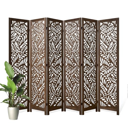 Leaf-Carved Room Divider Privacy Screen - 67 Inch Tall Foading Decorative Wood Screen Dividers Panel for Home - Natural Wood Room Partitions for Enhanced Privacy and Style Brown 6 Panel - color: Brown, size: 6 Panels