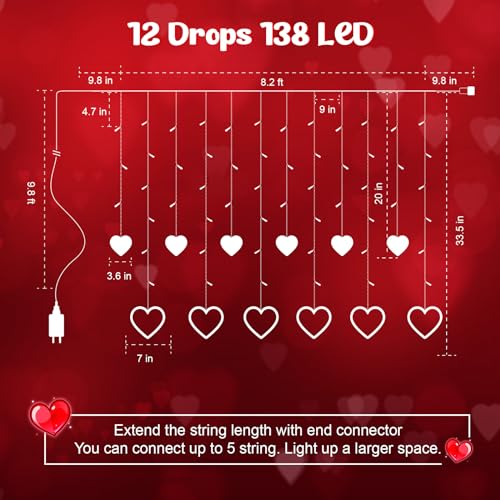 Valentines Day Decor, Red Love Heart String Lights for Bedroom, 12 Hearts 138 LED Fairy Twinkle Lights with Remote, 8 Lighting Modes Connectable Window Lights for Valentine's Day Wedding Home Decor