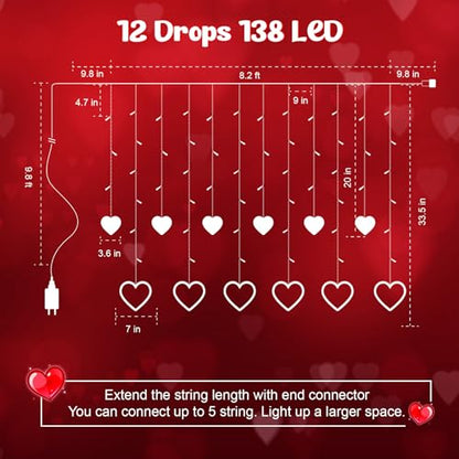 Valentines Day Decor, Red Love Heart String Lights for Bedroom, 12 Hearts 138 LED Fairy Twinkle Lights with Remote, 8 Lighting Modes Connectable Window Lights for Valentine's Day Wedding Home Decor