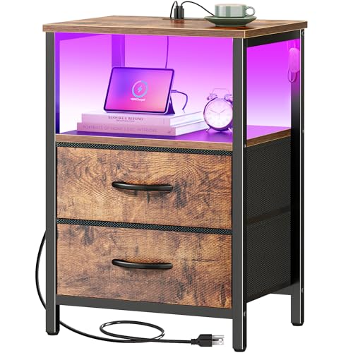 Huuger Night Stand with Charger Station and LED Lights, 2 Drawer Nightstand | Bed Side Table with Open ShelfEnd TableFabric Dresser for Bedroom, Rustic Brown - color: Rustic Brown, size: 11.8"D x 15.7"W x 23.6"H（2 Drawers）
