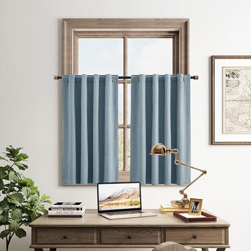 100% Blackout Kitchen Linen Curtains Back Tab 30 Inch Length Privacy Elegant Mini Cafe Curtain for Rustic Farmhouse Bathroom Thermal Insulated Bedroom Small Drape Over Sink Blue 26x30 - color: Blue, size: 26"W x 30"L (Pack of 2)