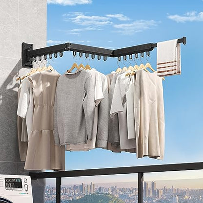 Wall Mounted Foldable Clothes Drying Rack, Heavy Duty 3-Fold Laundry Airer with Ring Hook Design, Space Saving Aluminum Rack for Balcony Bathroom Laundry Room,Black Rings - style: Black-Rings