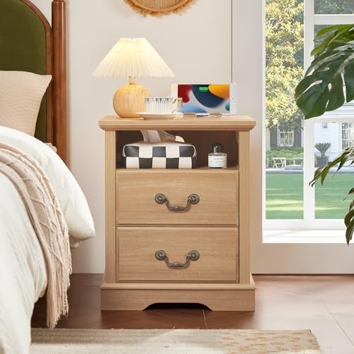 Farmhouse Night Stand with Charging Station, Natural | 2 Drawers End Tables Bedroom, Nightstand with Rustic Handles & Floor-Standing Thickened Foot & Open Shelf - color: Natural, size: 18"D x 18"W x 24"H (2 Drawers)