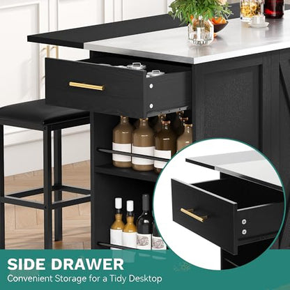 YITAHOME Kitchen Island with Seating | 47" Mobile Storage Island with Trash Can, Drop Leaf & Stainless Steel Countertop, 2 Stools, Spice Rack, Black