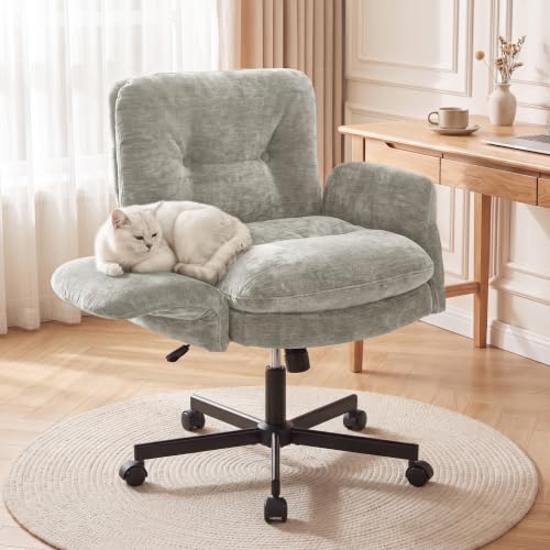 FiveWillowise Cross Legged Office Chair with Flip-up Arms&Back,Light Grey | Criss Cross Chair With Thicken Wide Seat,Lounge Makeup Vanity Chairs with Side Pockets,Comfy Home Office Desk Chair,Chenille - color: Light Grey