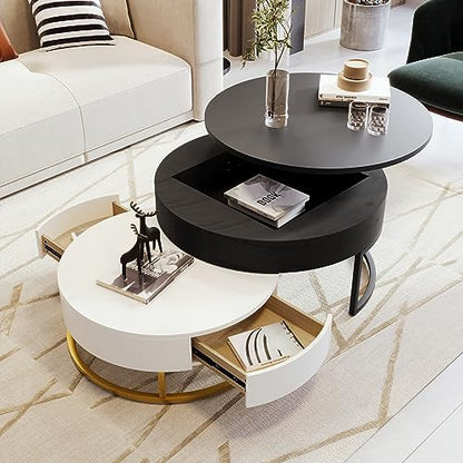 Modern Round Lift-top Nesting Coffee Tables with 2 Drawers for Living Room White & Black - color: White+black