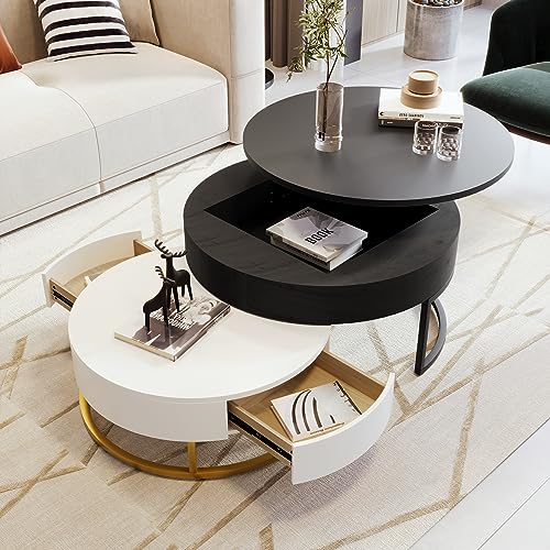 Modern Round Lift-top Nesting Coffee Tables with 2 Drawers for Living Room White & Black - color: White+black