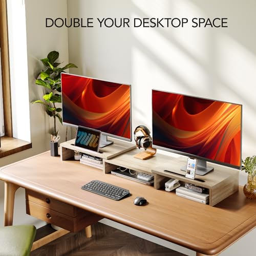 AMERIERGO Dual Monitor Stand Riser- 3 Shelf Screen Stand with Adjustable Length and Angle, 2 Extra Functional Slot Desktop Organizer Stand for PC, Computer, Laptop (Light Wood) - color: Light Wood