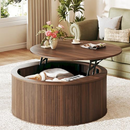 HUAHUU Round Coffee Table with Storage, 31.5" Lift Top Coffee Table, Mid Century Modern Coffee Tables for Living Room, Apartment Office, Fluted Table with Rustic Wood Desktop, Walnut