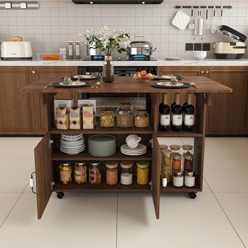 KEIKI 47 Inch Foldable Dining Table, Multi-Functional Folding Table with Storage Shelves and Wheels, Drop Leaf Extendable Dining Desk, Versatile Foldable Side Table for Kitchen, Dark Walnut - color: Drak Walnut