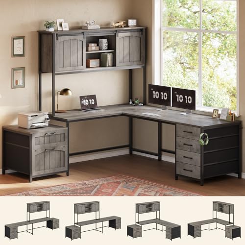 SEDETA Reversible Farmhouse L Shaped Office Desk with 6 Drawer, Hutch | Computer Corner Desk with Power Outlet, File Drawer & Printer Storage Shelves, for Home Office/Two Person, Grey - color: Grey