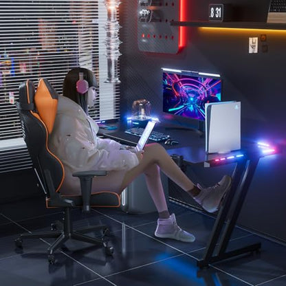 HLDIRECT 63 Inch Gaming Desk with LED Lights, Large Rgb Computer Gaming Desk Table with Cup Holder Headphone Hook Mouse Pad, Ergonomic Modern Carbon Fiber Mesa Gamer Pc Work Home Office Desks, Black | Ergonomic Gamer Desk for Home Office, Large PC Table w