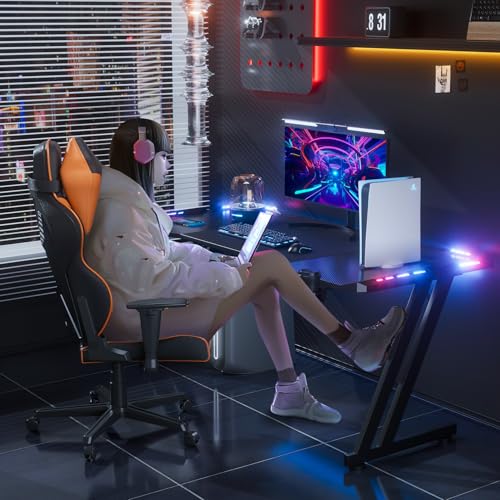 HLDIRECT 55 Inch Gaming Desk Z Shaped Carbon Fiber Computer Desk with LED | Ergonomic Gamer Desk for Home Office, Large PC Table with Cup Holder Headphone Hook and Spacious Desktop for Gaming Setup - size: 55 INCH BLACK