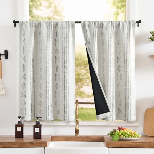jinchan Boho Blackout Kitchen Tier Curtains, 24 Inch, Green on Beige | Green geometric print on warm beige, soft blackout backing, 2 panels, rod pocket, for kitchens, bedrooms, RVs and campers - color: Blackout Backing | Green on Beige, size: 25"W x 24"L