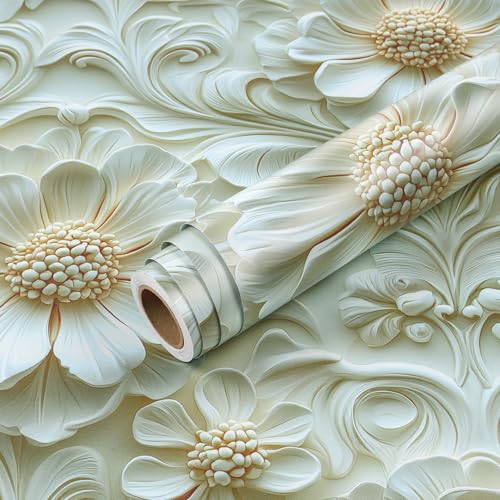 Livelynine Luxury Gold and White Floral 3D Wallpaper Peel and Stick Accent Wall Cover Self Adhesive Ceiling Wallpaper Beige Cream 3D Floral Contact Paper Decorative Wall Panels for Bathroom 17.5x78.8 - size: 17.5" x 78.8"
