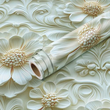 Livelynine Luxury Gold and White Floral 3D Wallpaper Peel and Stick Accent Wall Cover Self Adhesive Ceiling Wallpaper Beige Cream 3D Floral Contact Paper Decorative Wall Panels for Bathroom 17.5x78.8 - size: 17.5" x 78.8"