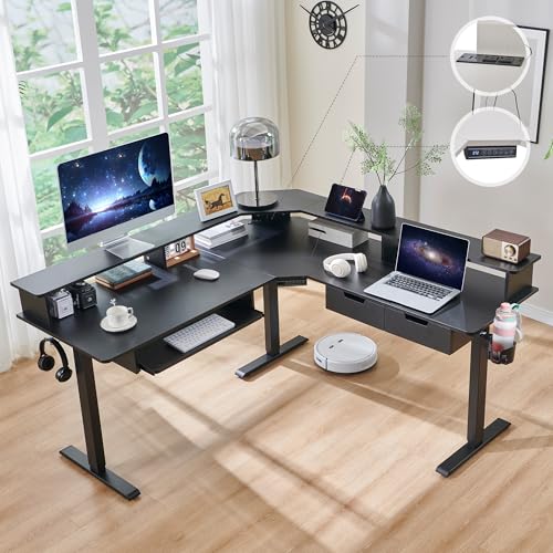 RedLemon 60 Inches L Shaped Electric Standing Desk, Carbon Fiber Black | Height Adjustable Corner Gaming Desk with Drawer, Keyboard Tray, Power Outlets & LED Lights, Computer Desk w/ Monitor Shelf - color: Carbon Fiber Black, size: 60"X60"