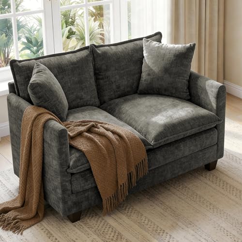 52" Loveseat Sofa, Cloud Love Seat Small Couches for Living Room | Comfy Chenille Modern Love Seat with 2 Pillows, Small Loveseat for Small Spaces, Living Room, Bedroom, Apartment, Grey, 52" - color: Grey, size: 52"
