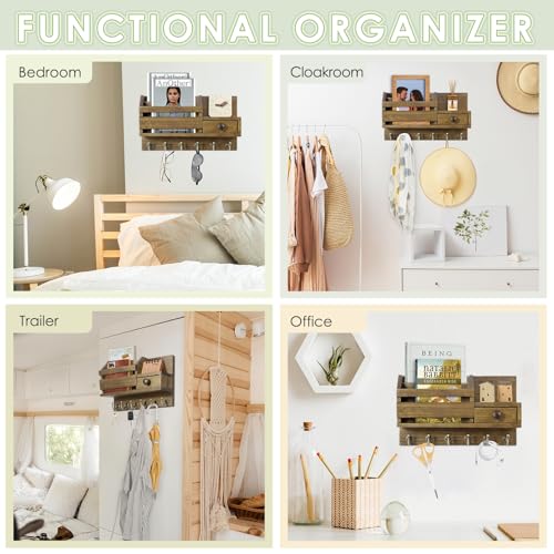 VIS'V Key Holder Wall Mount, Wooden Mail and Key Organizer, Brown | Contains Little Drawer, Small Shelf, 2 Slots, 6 Hooks, for Entryway, Hallway, Doorway, Kitchen, Garage, RV - color: Brown