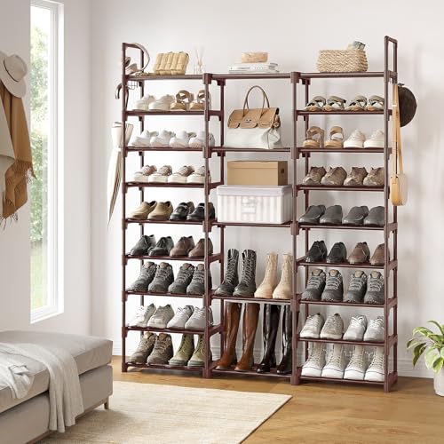 WOWLIVE 9 Tier 3-Column Shoe Rack, 50-55 Pairs Stackable Brown | 50in Long for Larger Entryways, Removable Shelves Fit Tall Boots, Split into Multiple Units for Garage Closet - color: Brown, size: 3 Row 9 Tier