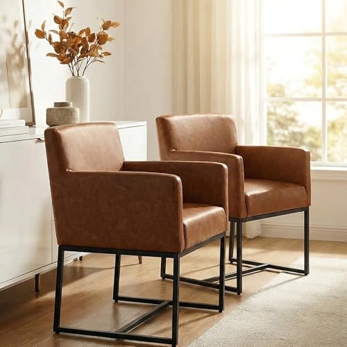 Faux Leather Upholstered Dining Chairs with Arms Set of 2, Mid Century Modern Padded Kitchen Chair with Black Metal Frame for Restaurant, Dining Room, Brown - color: Brown