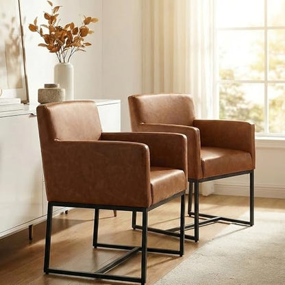 Faux Leather Upholstered Dining Chairs with Arms Set of 2, Mid Century Modern Padded Kitchen Chair with Black Metal Frame for Restaurant, Dining Room, Brown - color: Brown