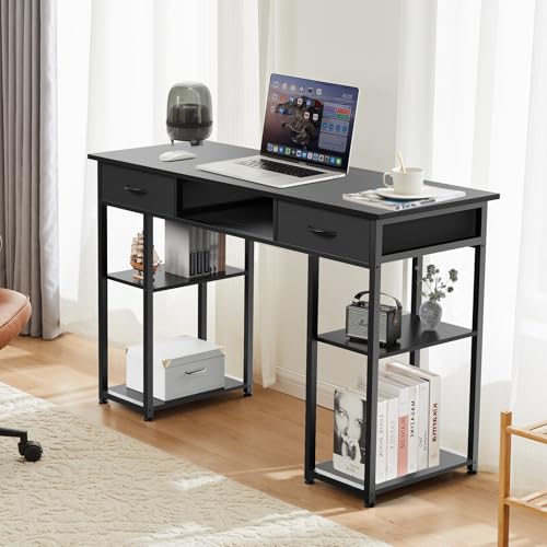 DUMOS 48-Inch Computer Desk with Drawers and Hook, Black | Home Office Desk for Bedroom, Gaming Writing Study Desk with Adjustable Feet - color: Black, size: 48-In