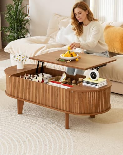 Fluted Oval Lift Top Coffee Table with Storage, 47" Wood Mid Century Modern Coffee Table for Living Room, Walnut - color: Walnut-oval (Flip Top)