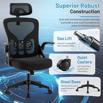 Office Chair Ergonomic Desk Chair with Adjustable Headrest Lumbar Support, High Back Breathable Mesh Chair with 120° Tilt & Flip-Up Armrests, Swivel Comfy Task Computer Chair for Work, Study - color: Black