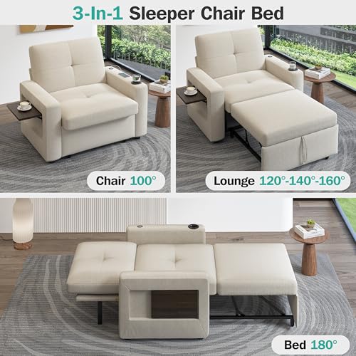 Sunny Heart 42.5" W Oversized Sleeper Chair Bed, 3-in-1 Convertible Reclining Sofa Chair with Pull Out Couch Bed, Adjustable Backrest, Side Pockets, Cup Holder, USB Ports & Side Table, Premium Beige - color: Beige, size: 42.5 inch