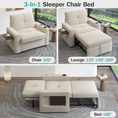Sunny Heart 42.5" W Oversized Sleeper Chair Bed, 3-in-1 Convertible Reclining Sofa Chair with Pull Out Couch Bed, Adjustable Backrest, Side Pockets, Cup Holder, USB Ports & Side Table, Premium Beige - color: Beige, size: 42.5 inch