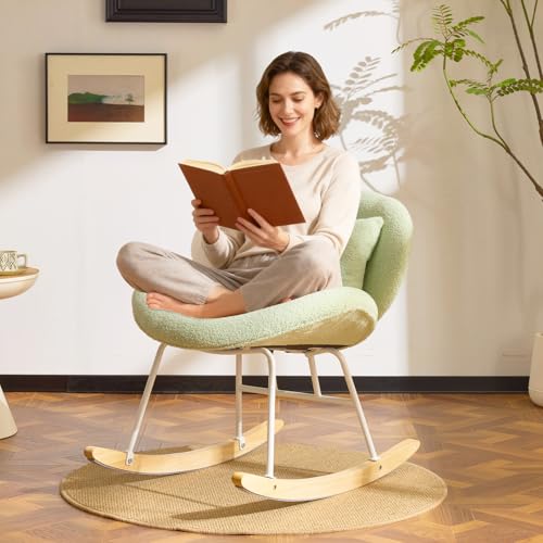 VINGLI 25.6" Extra Wide Criss Cross Nursery Rocking Chair,Cute Curved 115° Reclining Armless Glider,Teddy Small Rocker w/Pillow & Solid Wood for Indoor,Bedroom, Living Room,Teddy Fleece,Seafoam Green - color: Teddy-seafoam Green