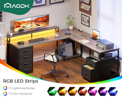 AODK 66" L Shaped Desk, 113" Computer Desk for Home Office and Gaming | Desk with File Cabinet & 4 Fabric Drawers, Monitor Shelf & Power Outlet, Two Person Desk, Gaming Table with LED Light, Grey - color: Grey