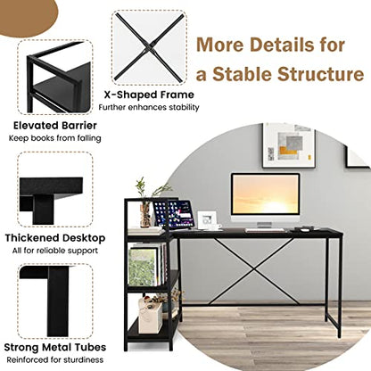 Tangkula Reversible L-Shaped Computer Desk, Space Saving Corner Desk with 3-Tier Storage Shelves & Metal Frame, Modern Executive Home Office Desk, PC Laptop Desk Workstation for Small Space (Black)