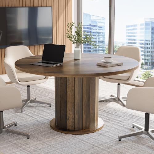 Tribesigns 47-Inch Round Conference Table with Sturdy Pedestal for 4-6 | Rustic Meeting Table with Thick Tabletop, Circular Office Table for Conference Room, Meeting Room, Home Office, Brown